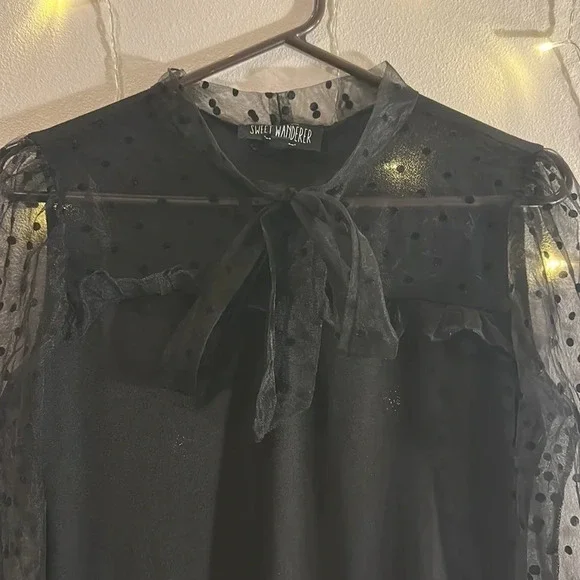 Tie Neck Mesh Sleeve Polka Dot Long Sleeve Top​​​​​​​​​​ - Picture 3 of 4